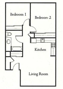 A floor plan of apartment with two bedrooms, a living room, and a kitchen.